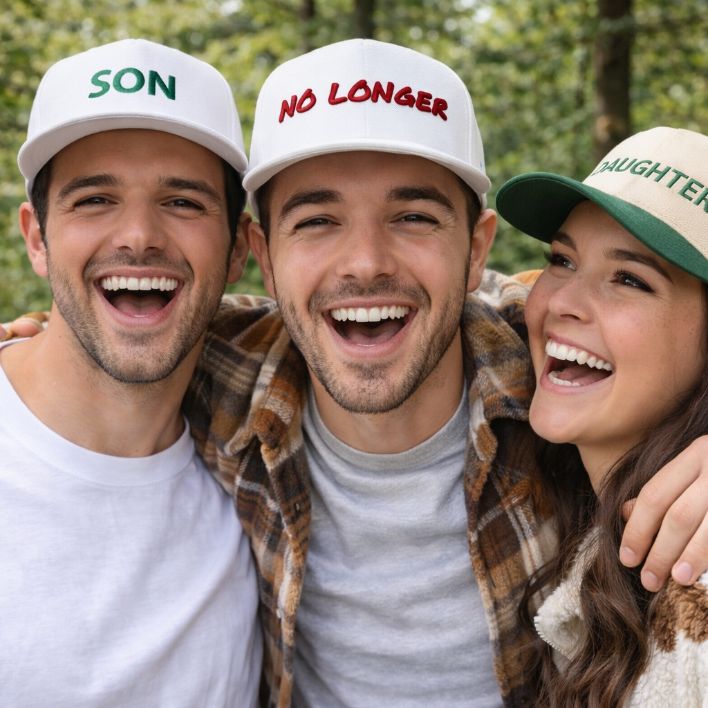 Three people wearing hats with text, standing together outdoors.